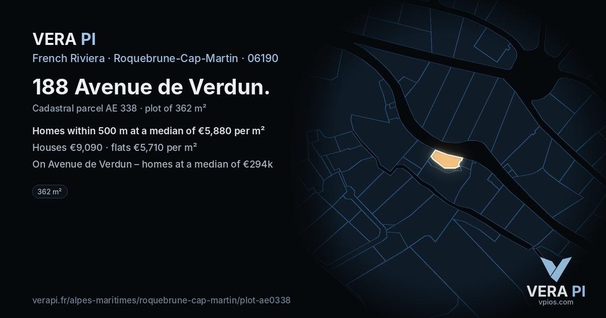 188 Avenue de Verdun, Roquebrune-Cap-Martin at night – the plot lit, the parcels around coloured by the prices near them