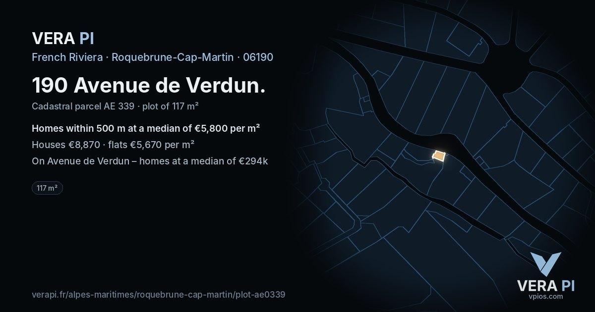 190 Avenue de Verdun, Roquebrune-Cap-Martin at night – the plot lit, the parcels around coloured by the prices near them