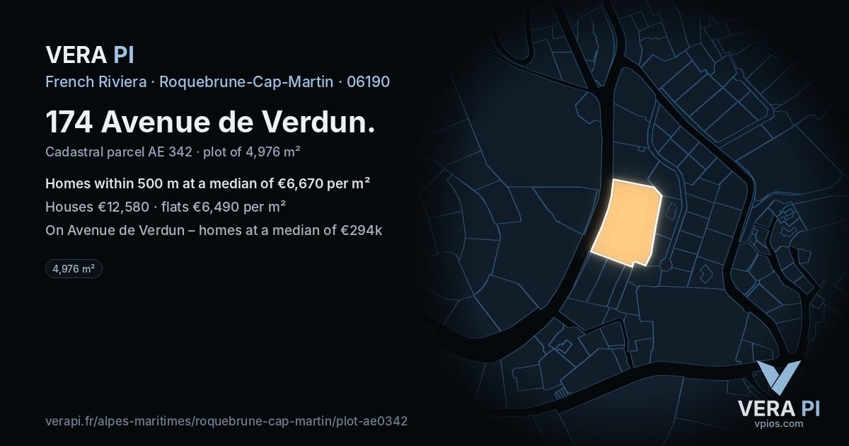 174 Avenue de Verdun, Roquebrune-Cap-Martin at night – the plot lit, the parcels around coloured by the prices near them