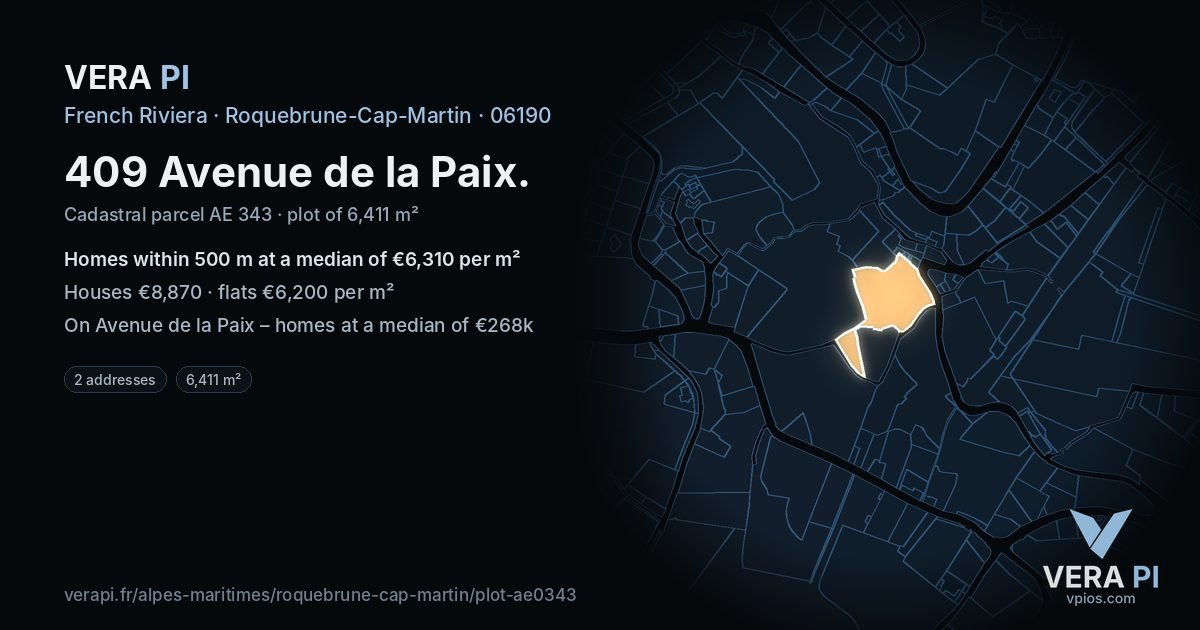409 Avenue de la Paix, Roquebrune-Cap-Martin at night – the plot lit, the parcels around coloured by the prices near them
