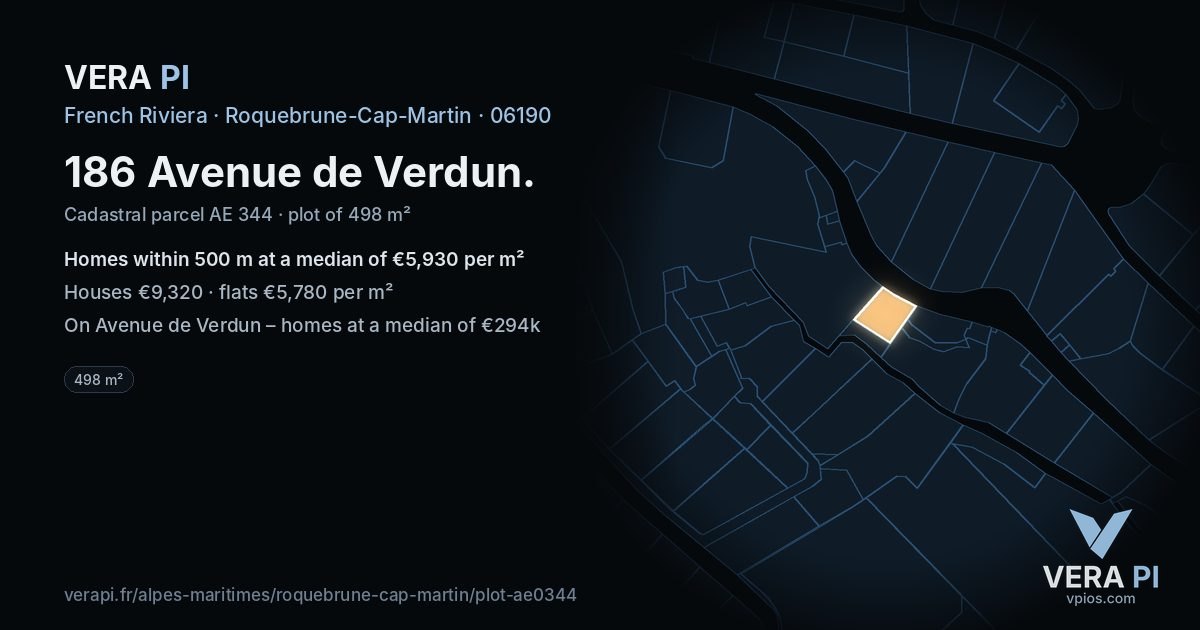 186 Avenue de Verdun, Roquebrune-Cap-Martin at night – the plot lit, the parcels around coloured by the prices near them