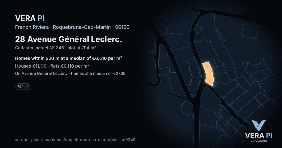 28 Avenue Général Leclerc, Roquebrune-Cap-Martin at night – the plot lit, the parcels around coloured by the prices near them