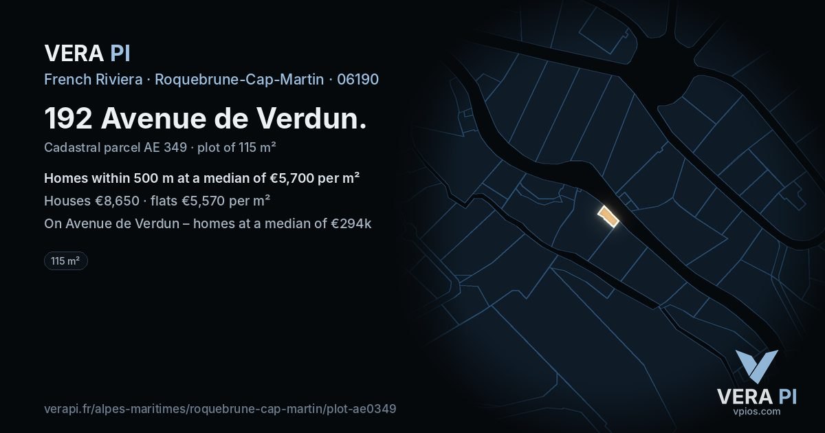 192 Avenue de Verdun, Roquebrune-Cap-Martin at night – the plot lit, the parcels around coloured by the prices near them