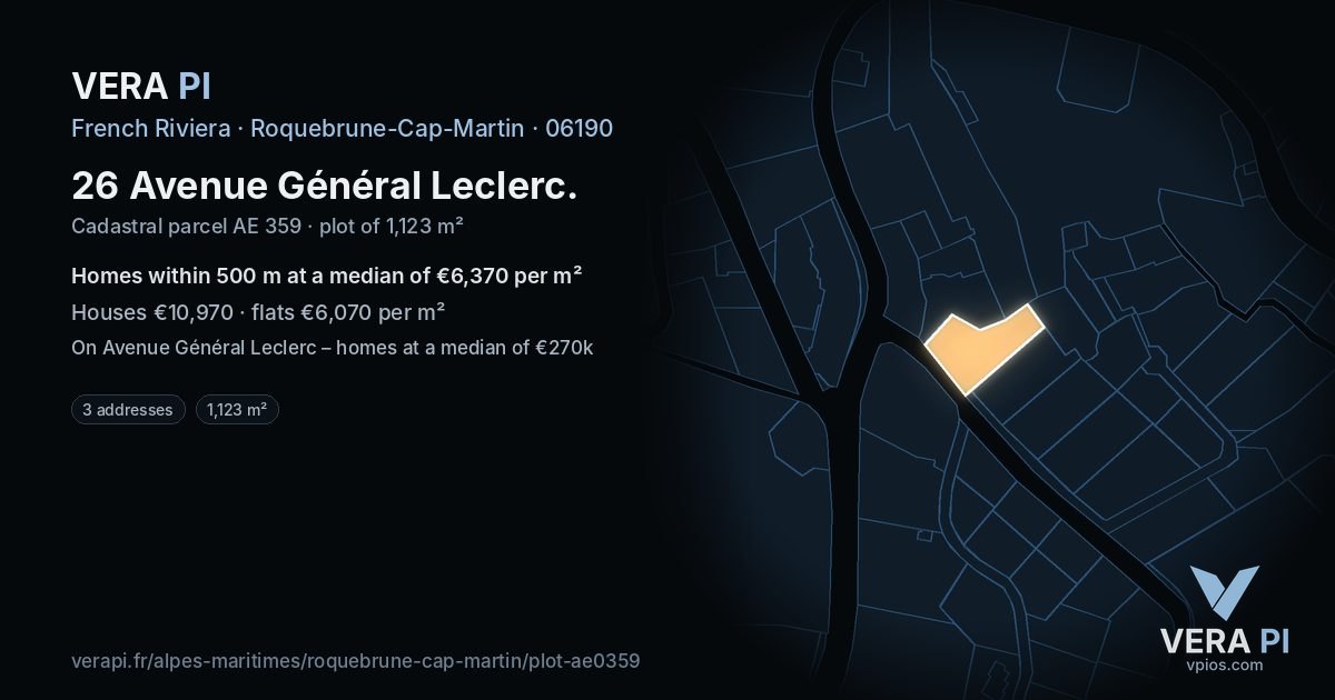 26 Avenue Général Leclerc, Roquebrune-Cap-Martin at night – the plot lit, the parcels around coloured by the prices near them