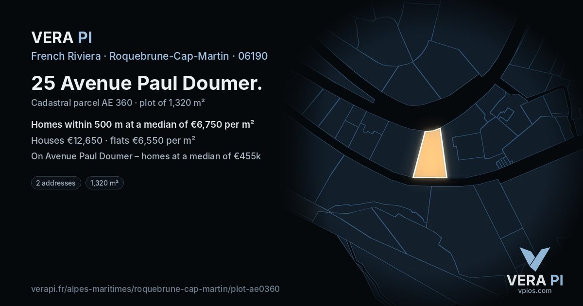 25 Avenue Paul Doumer, Roquebrune-Cap-Martin at night – the plot lit, the parcels around coloured by the prices near them