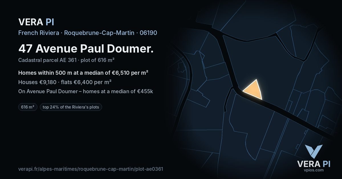 47 Avenue Paul Doumer, Roquebrune-Cap-Martin at night – the plot lit, the parcels around coloured by the prices near them