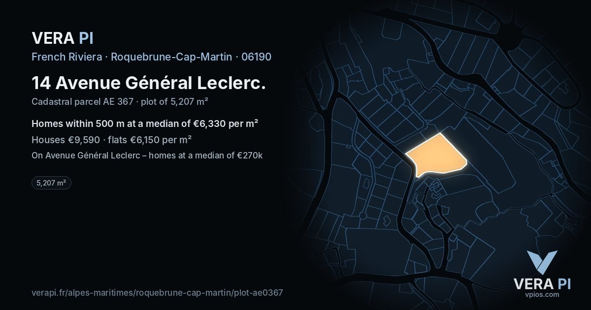 14 Avenue Général Leclerc, Roquebrune-Cap-Martin at night – the plot lit, the parcels around coloured by the prices near them