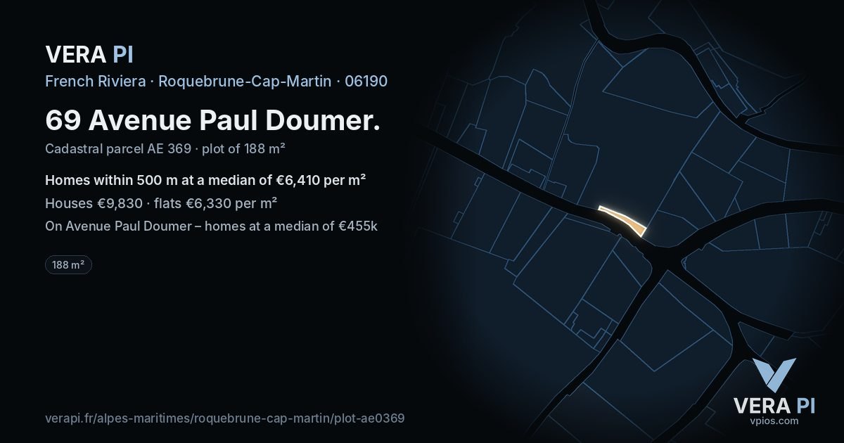 69 Avenue Paul Doumer, Roquebrune-Cap-Martin at night – the plot lit, the parcels around coloured by the prices near them