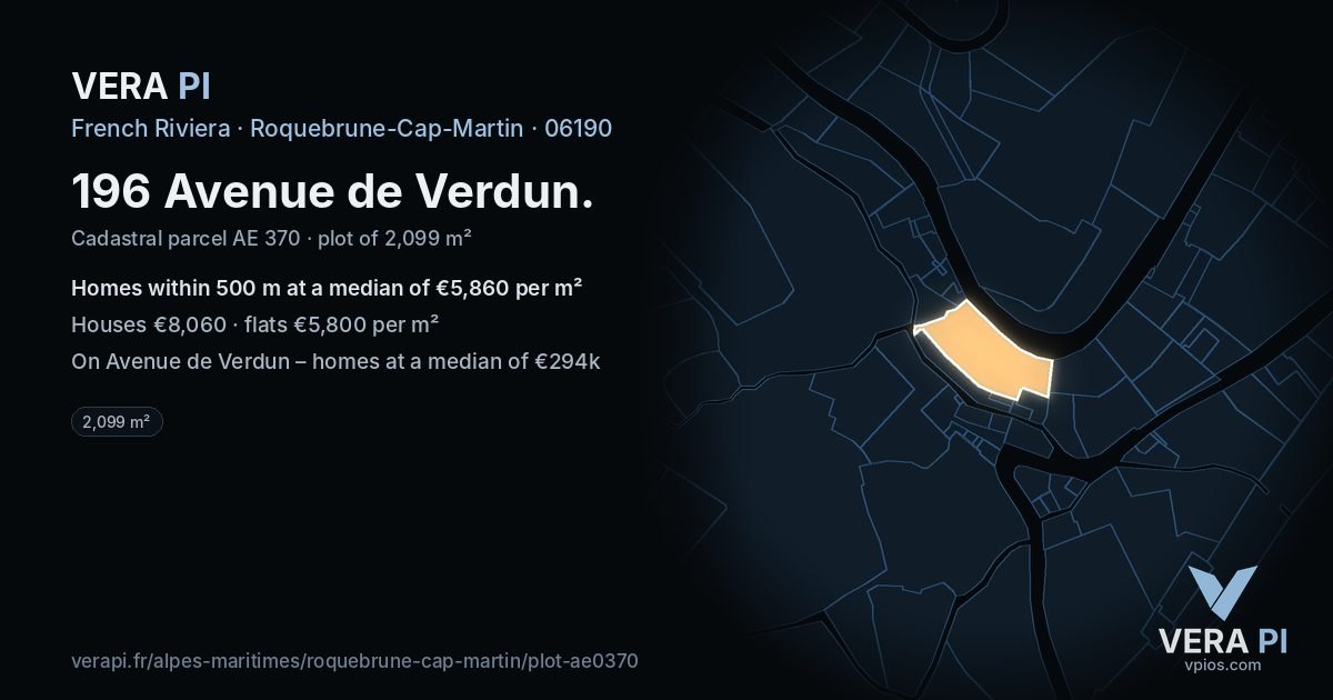 196 Avenue de Verdun, Roquebrune-Cap-Martin at night – the plot lit, the parcels around coloured by the prices near them
