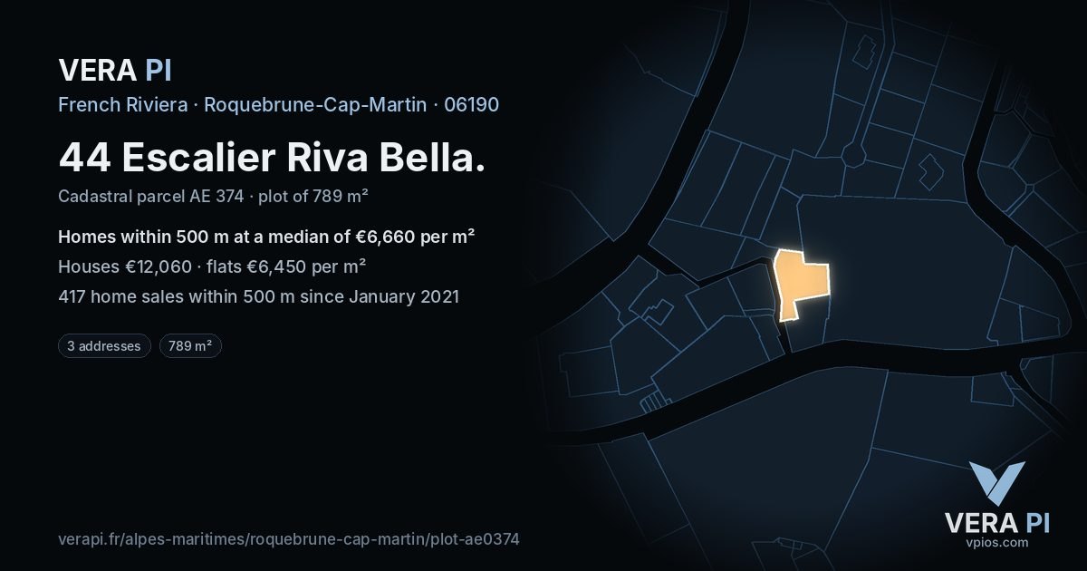 44 Escalier Riva Bella, Roquebrune-Cap-Martin at night – the plot lit, the parcels around coloured by the prices near them