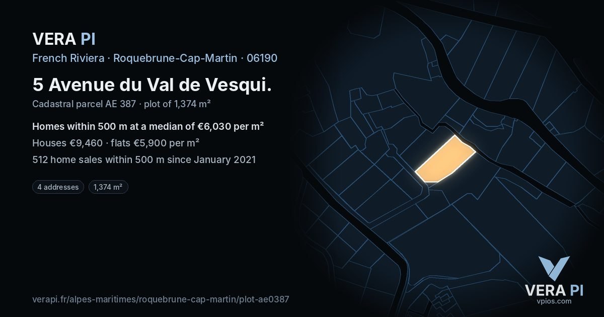 5 Avenue du Val de Vesqui, Roquebrune-Cap-Martin at night – the plot lit, the parcels around coloured by the prices near them