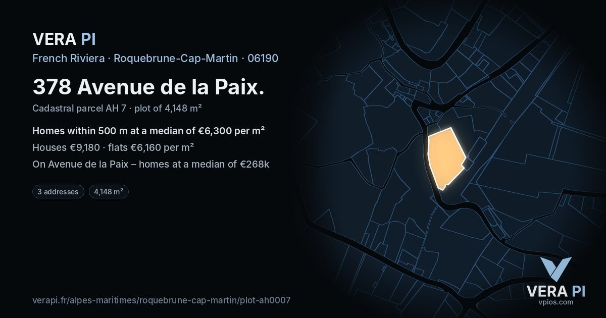 378 Avenue de la Paix, Roquebrune-Cap-Martin at night – the plot lit, the parcels around coloured by the prices near them