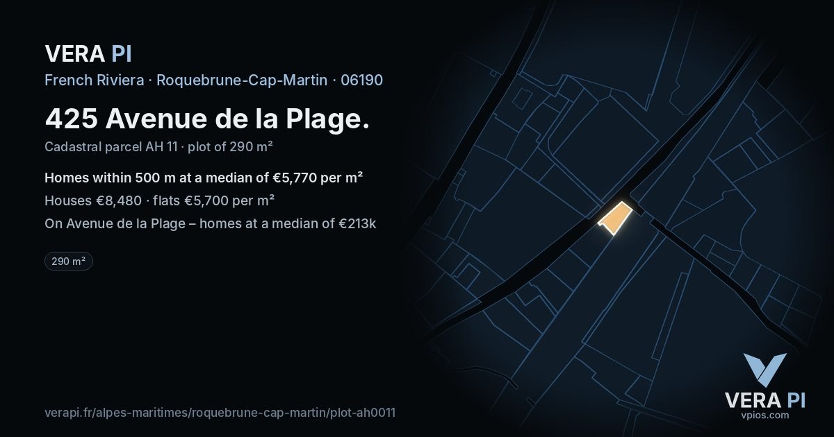 425 Avenue de la Plage, Roquebrune-Cap-Martin at night – the plot lit, the parcels around coloured by the prices near them