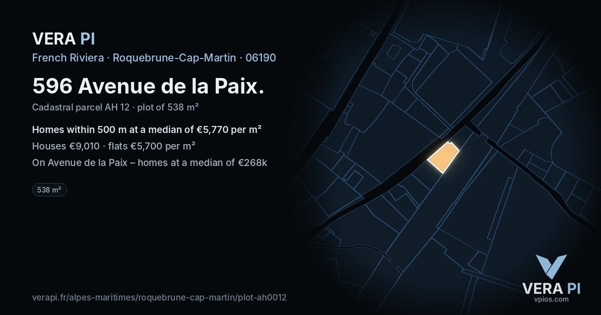 596 Avenue de la Paix, Roquebrune-Cap-Martin at night – the plot lit, the parcels around coloured by the prices near them