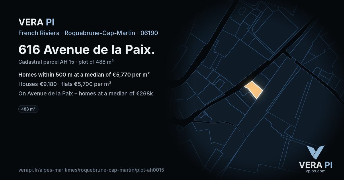 616 Avenue de la Paix, Roquebrune-Cap-Martin at night – the plot lit, the parcels around coloured by the prices near them