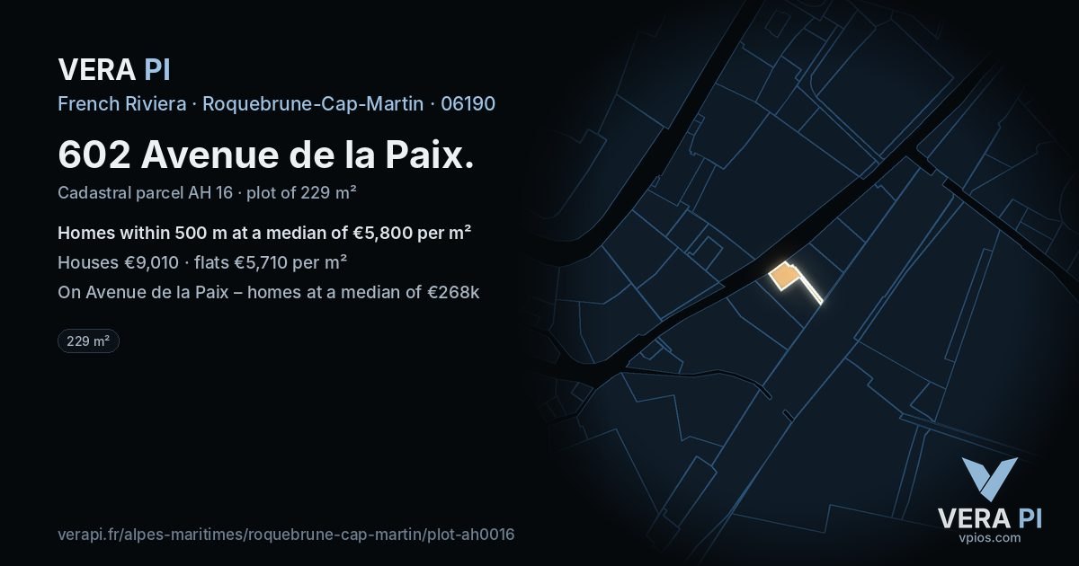 602 Avenue de la Paix, Roquebrune-Cap-Martin at night – the plot lit, the parcels around coloured by the prices near them