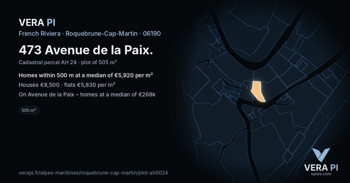 473 Avenue de la Paix, Roquebrune-Cap-Martin at night – the plot lit, the parcels around coloured by the prices near them
