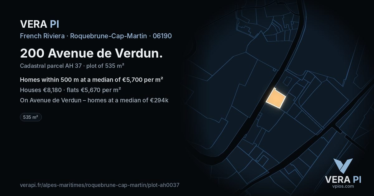 200 Avenue de Verdun, Roquebrune-Cap-Martin at night – the plot lit, the parcels around coloured by the prices near them