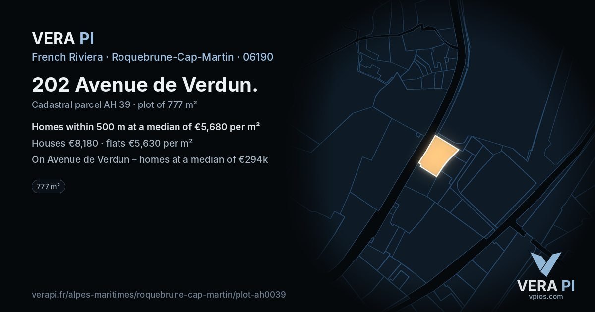 202 Avenue de Verdun, Roquebrune-Cap-Martin at night – the plot lit, the parcels around coloured by the prices near them