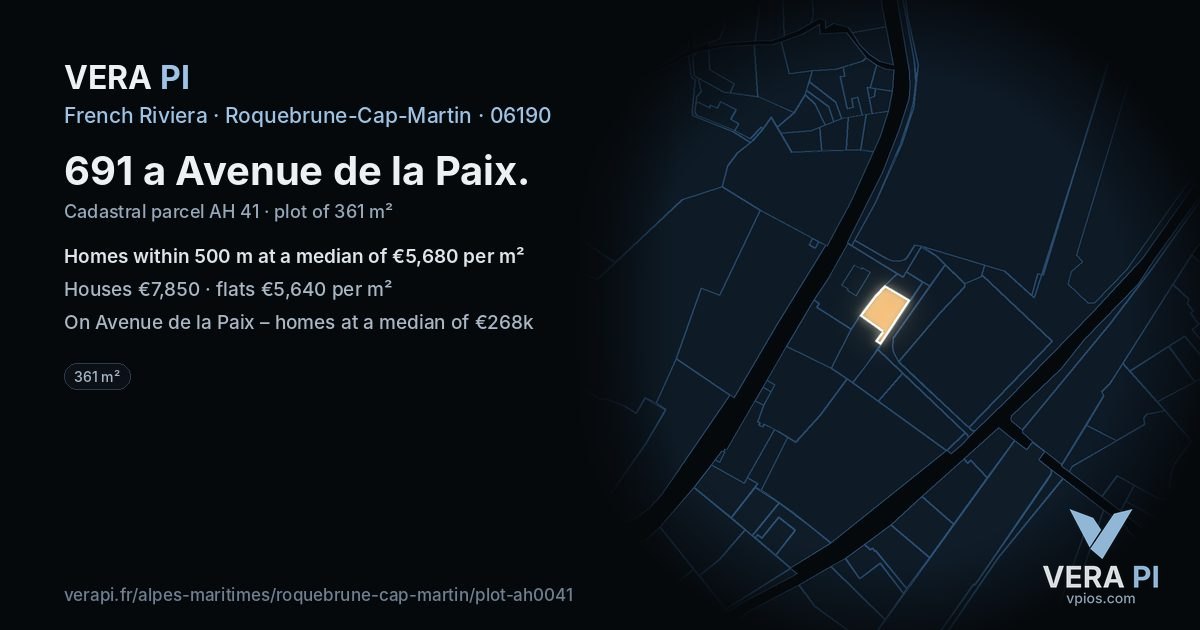 691 a Avenue de la Paix, Roquebrune-Cap-Martin at night – the plot lit, the parcels around coloured by the prices near them