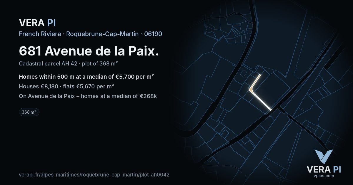 681 Avenue de la Paix, Roquebrune-Cap-Martin at night – the plot lit, the parcels around coloured by the prices near them