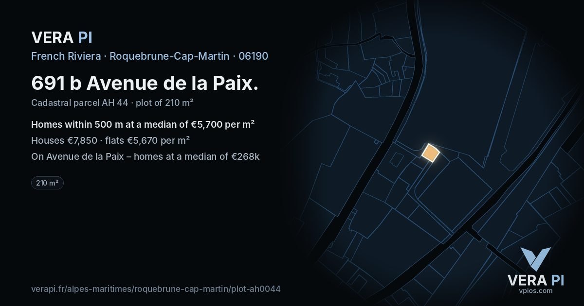 691 b Avenue de la Paix, Roquebrune-Cap-Martin at night – the plot lit, the parcels around coloured by the prices near them