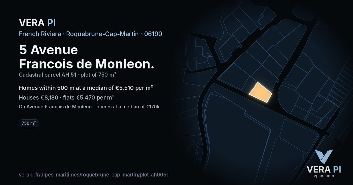 5 Avenue Francois de Monleon, Roquebrune-Cap-Martin at night – the plot lit, the parcels around coloured by the prices near them
