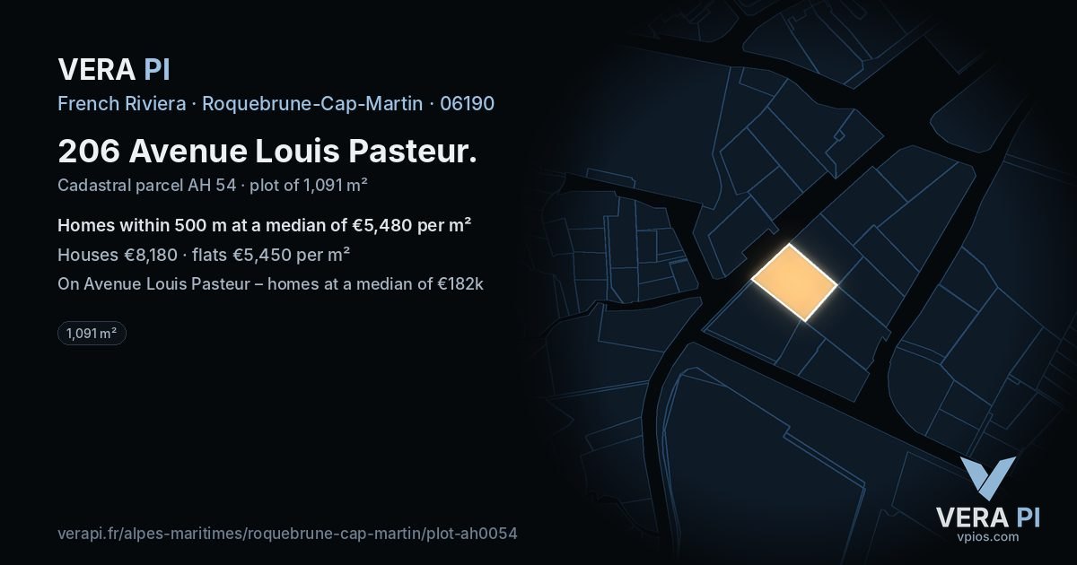 206 Avenue Louis Pasteur, Roquebrune-Cap-Martin at night – the plot lit, the parcels around coloured by the prices near them