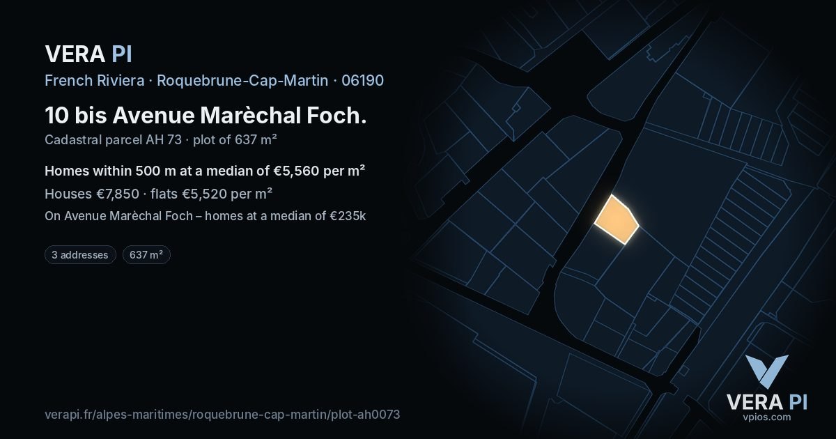 10 bis Avenue Marèchal Foch, Roquebrune-Cap-Martin at night – the plot lit, the parcels around coloured by the prices near them