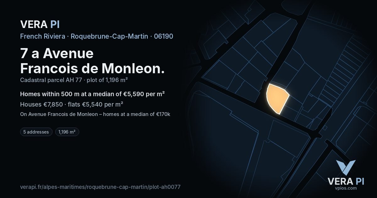 7 a Avenue Francois de Monleon, Roquebrune-Cap-Martin at night – the plot lit, the parcels around coloured by the prices near them