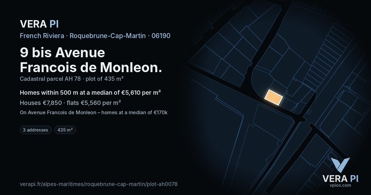 9 bis Avenue Francois de Monleon, Roquebrune-Cap-Martin at night – the plot lit, the parcels around coloured by the prices near them