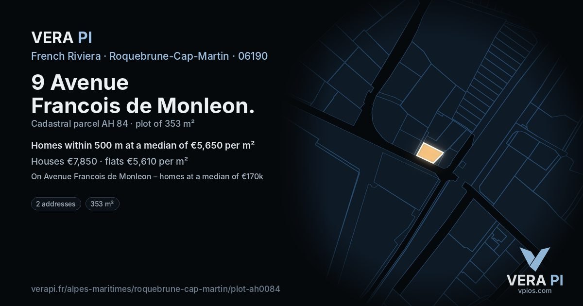 9 Avenue Francois de Monleon, Roquebrune-Cap-Martin at night – the plot lit, the parcels around coloured by the prices near them