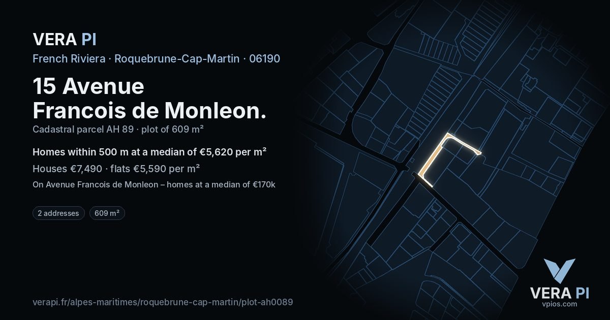 15 Avenue Francois de Monleon, Roquebrune-Cap-Martin at night – the plot lit, the parcels around coloured by the prices near them