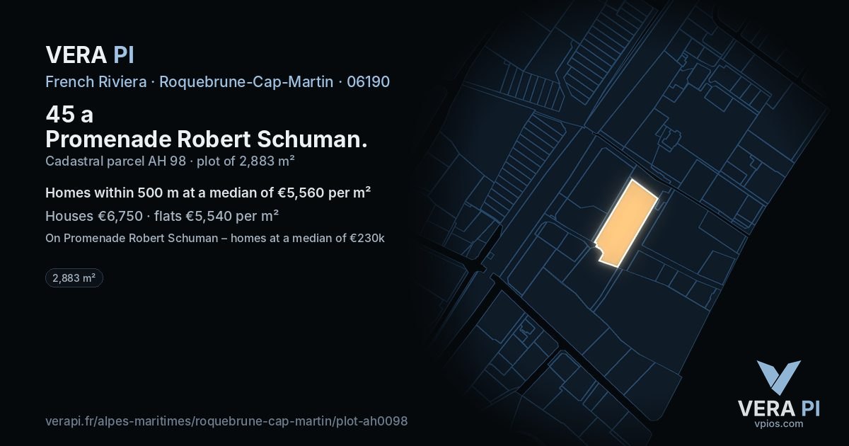 45 a Promenade Robert Schuman, Roquebrune-Cap-Martin at night – the plot lit, the parcels around coloured by the prices near them