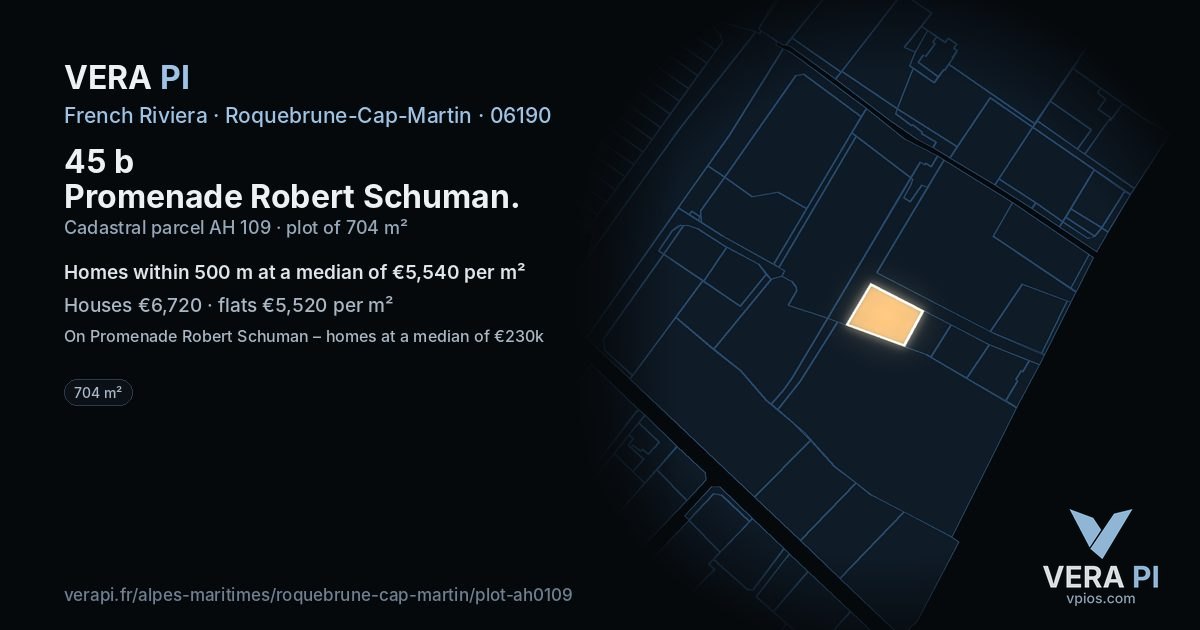 45 b Promenade Robert Schuman, Roquebrune-Cap-Martin at night – the plot lit, the parcels around coloured by the prices near them
