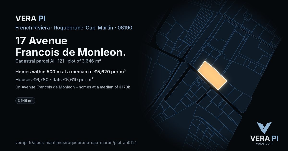 17 Avenue Francois de Monleon, Roquebrune-Cap-Martin at night – the plot lit, the parcels around coloured by the prices near them