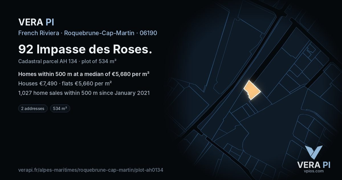 92 Impasse des Roses, Roquebrune-Cap-Martin at night – the plot lit, the parcels around coloured by the prices near them