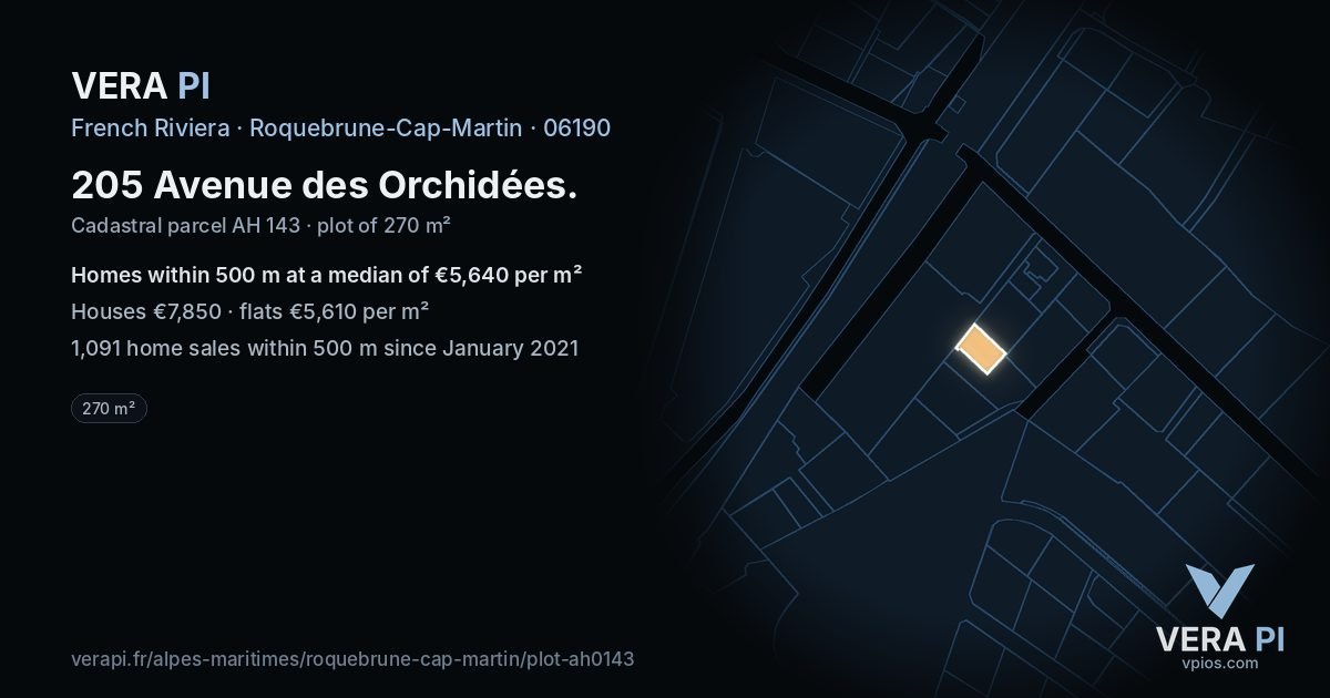 205 Avenue des Orchidées, Roquebrune-Cap-Martin at night – the plot lit, the parcels around coloured by the prices near them