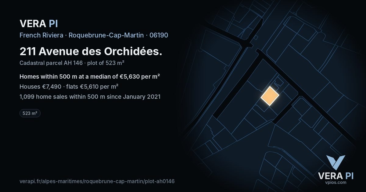 211 Avenue des Orchidées, Roquebrune-Cap-Martin at night – the plot lit, the parcels around coloured by the prices near them