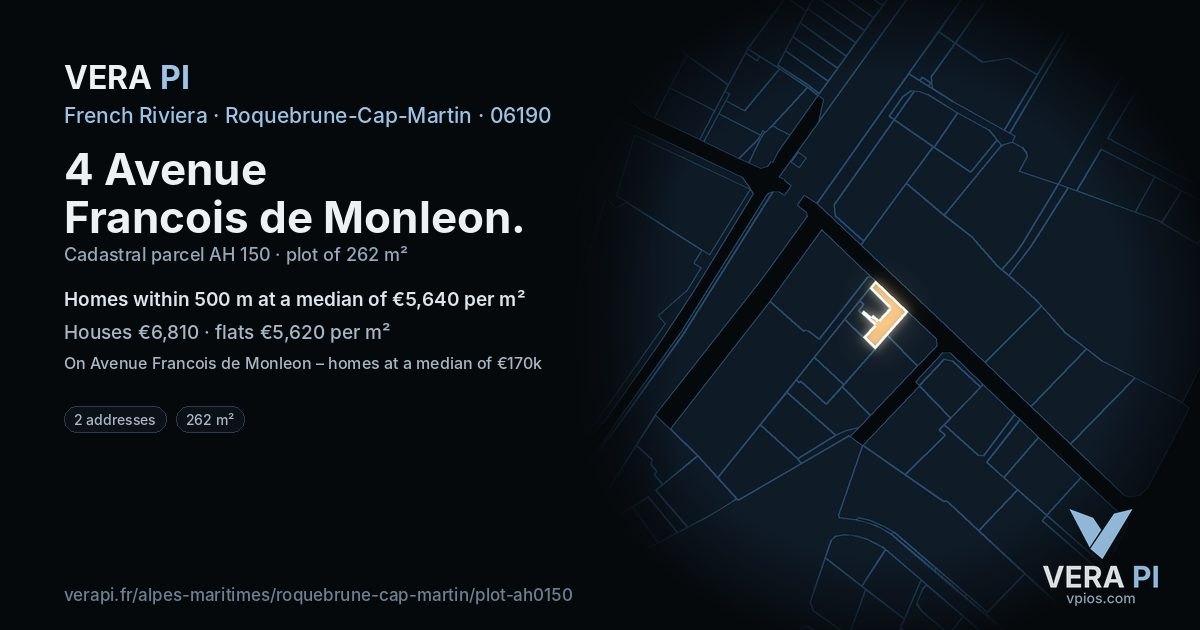 4 Avenue Francois de Monleon, Roquebrune-Cap-Martin at night – the plot lit, the parcels around coloured by the prices near them