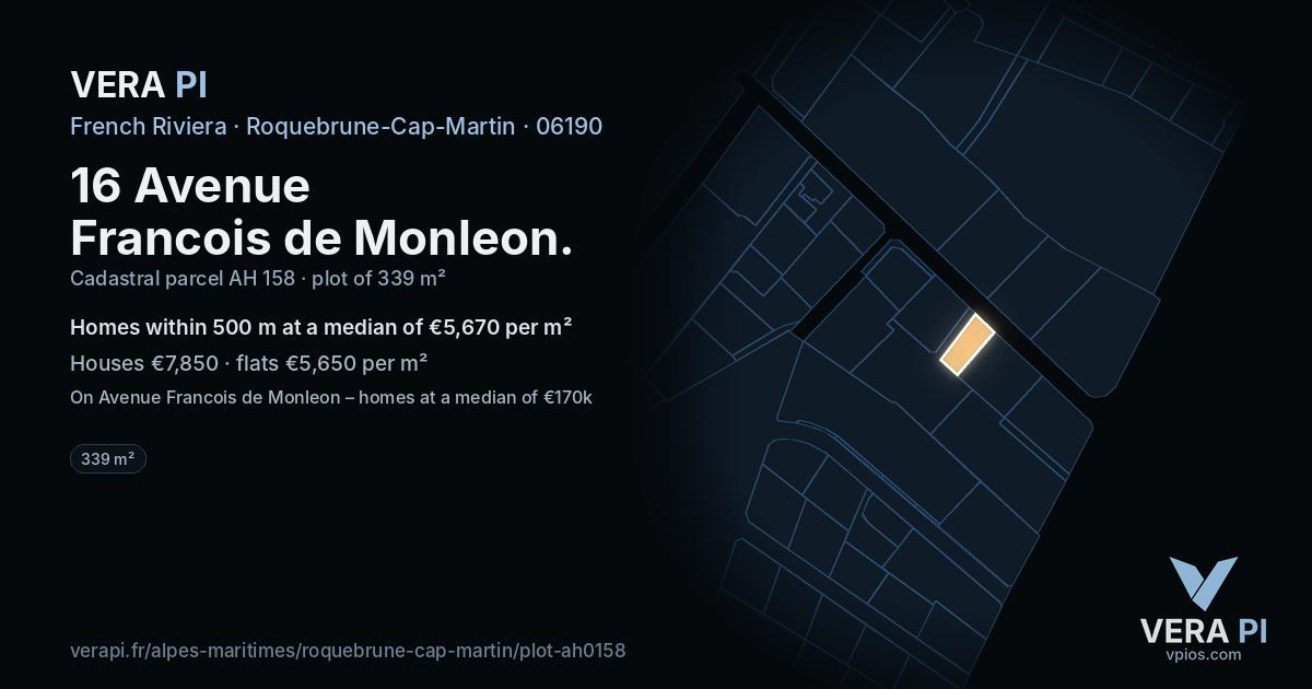 16 Avenue Francois de Monleon, Roquebrune-Cap-Martin at night – the plot lit, the parcels around coloured by the prices near them