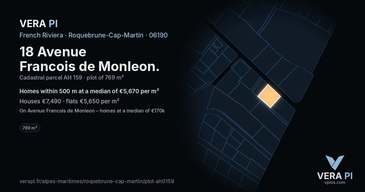 18 Avenue Francois de Monleon, Roquebrune-Cap-Martin at night – the plot lit, the parcels around coloured by the prices near them