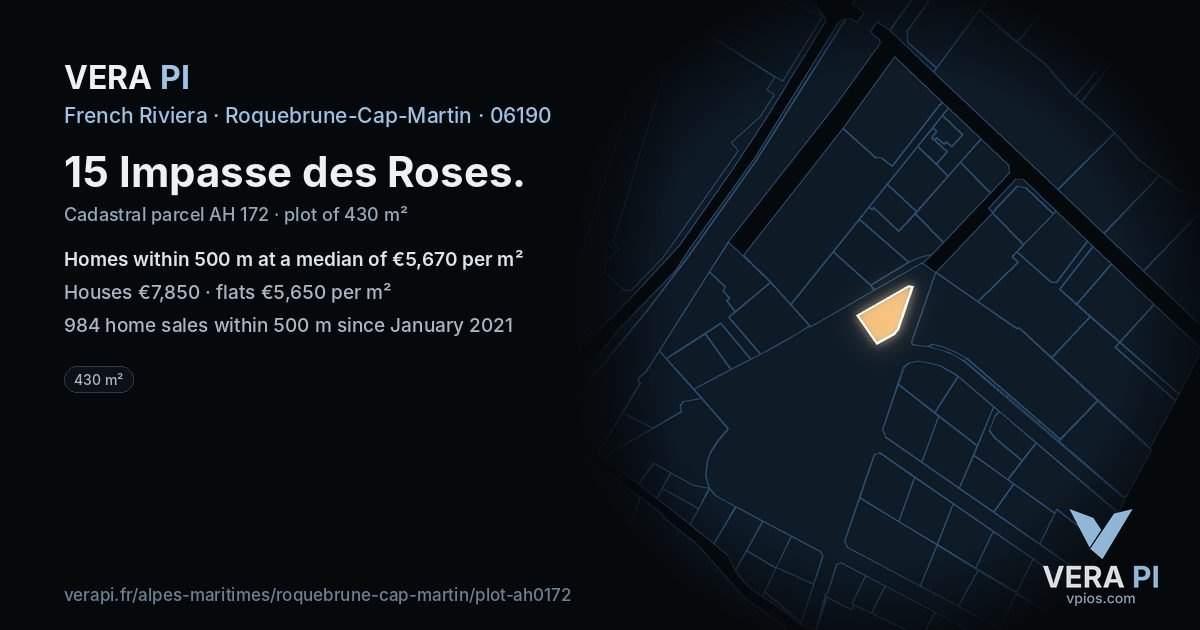 15 Impasse des Roses, Roquebrune-Cap-Martin at night – the plot lit, the parcels around coloured by the prices near them