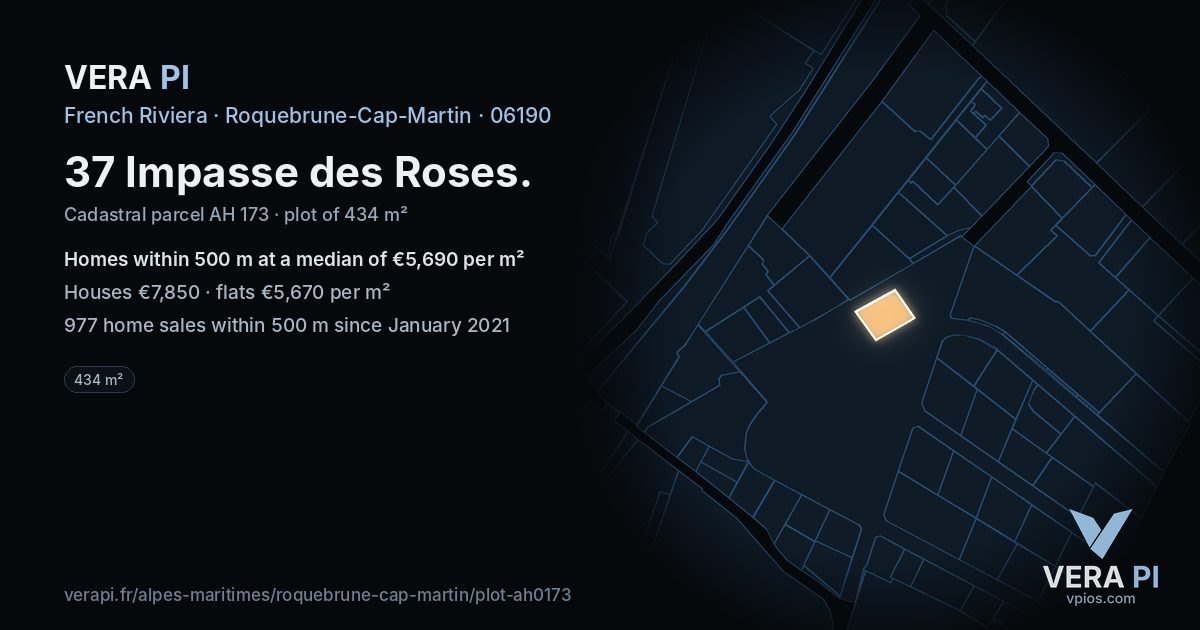 37 Impasse des Roses, Roquebrune-Cap-Martin at night – the plot lit, the parcels around coloured by the prices near them