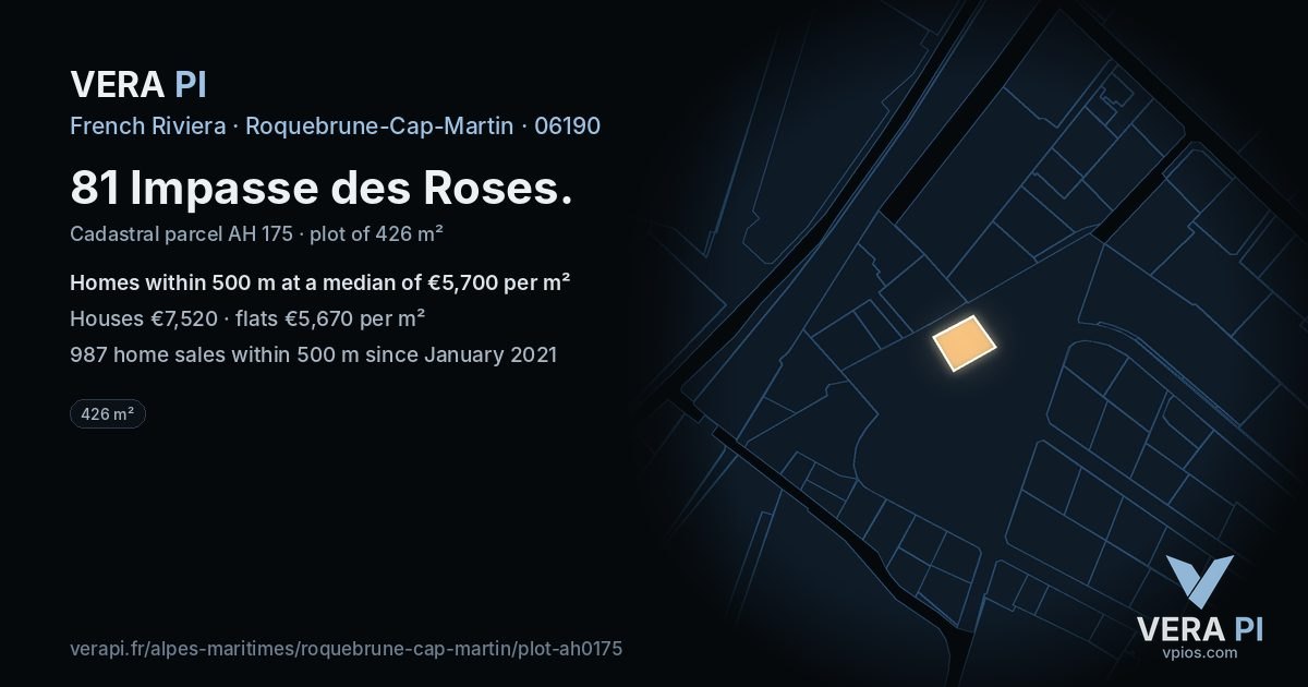 81 Impasse des Roses, Roquebrune-Cap-Martin at night – the plot lit, the parcels around coloured by the prices near them