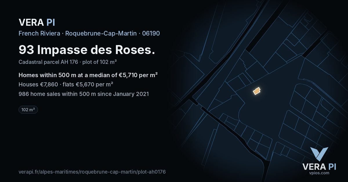 93 Impasse des Roses, Roquebrune-Cap-Martin at night – the plot lit, the parcels around coloured by the prices near them