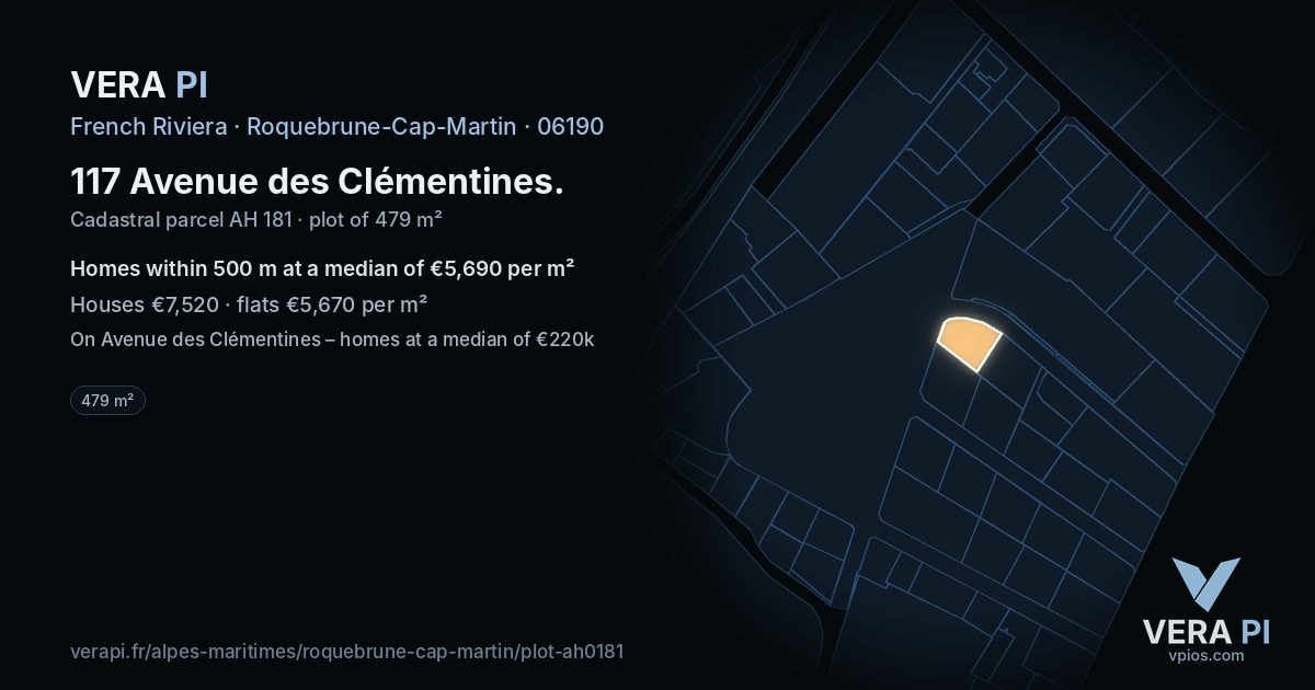 117 Avenue des Clémentines, Roquebrune-Cap-Martin at night – the plot lit, the parcels around coloured by the prices near them