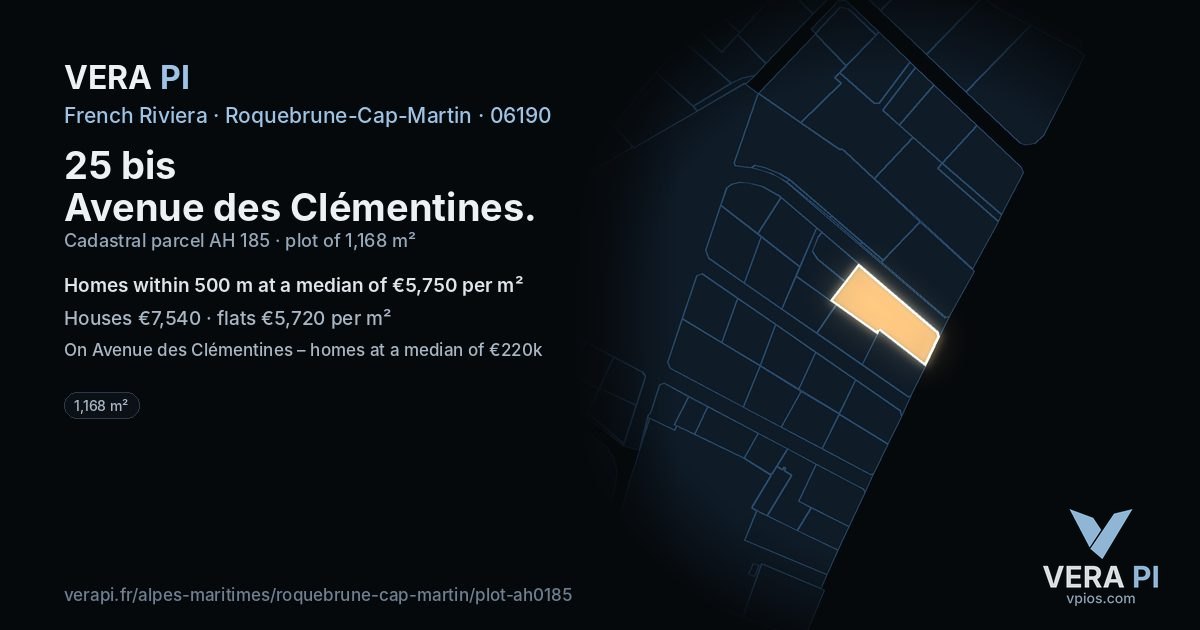 25 bis Avenue des Clémentines, Roquebrune-Cap-Martin at night – the plot lit, the parcels around coloured by the prices near them