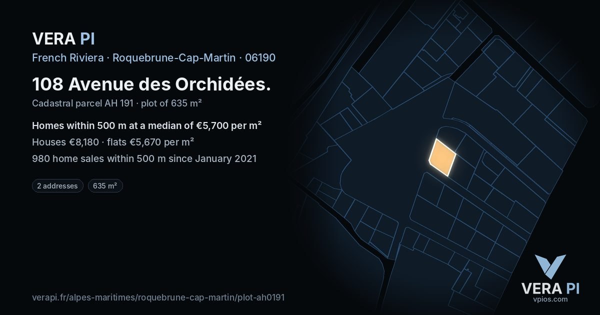 108 Avenue des Orchidées, Roquebrune-Cap-Martin at night – the plot lit, the parcels around coloured by the prices near them