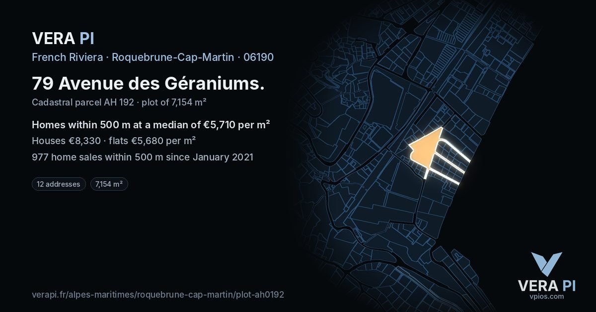 79 Avenue des Géraniums, Roquebrune-Cap-Martin at night – the plot lit, the parcels around coloured by the prices near them